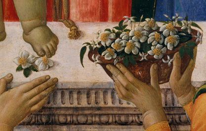 Detail of a basket of roses and jasmine offered to the Madonna and Child.