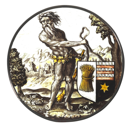 Roundel with Wild Man Supporting an Heraldic Shield