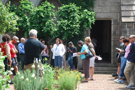 Deirdre Larkin in Bonnefont herb garden