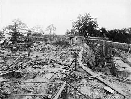 Construction photograph of the courtyard and ramparts